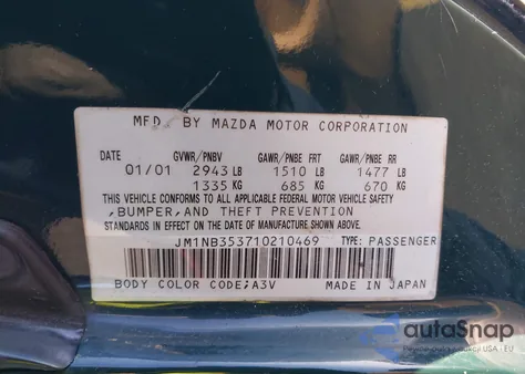 2001 Mazda Mx-5 Miata Ls/Special Edition z USA, uszkodzony, nr VIN JM1NB353710210469